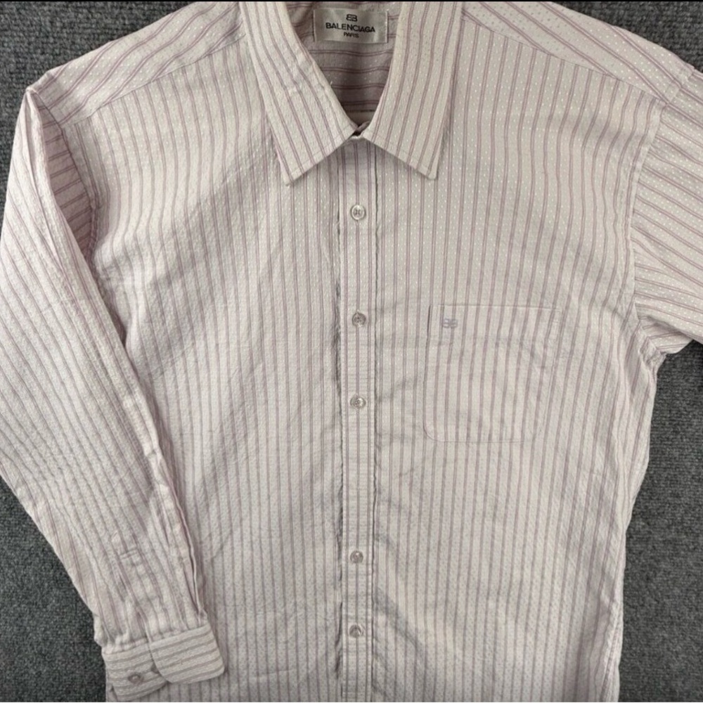 Balenciaga Paris Size L 105 White Pink Striped Long Sleeve Button Up Embroidery